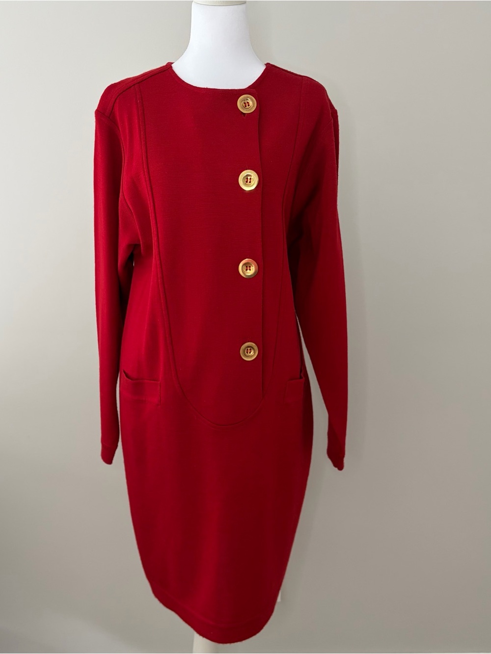 Vintage Red Knit Sweater Dress Gold Statement Buttons Midi 80s 90s EUC